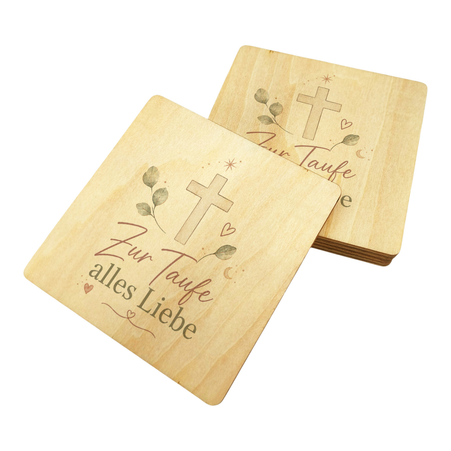6er Set Untersetzer Holz Zur Taufe alles Liebe - Herz und Mond – Ansicht 2