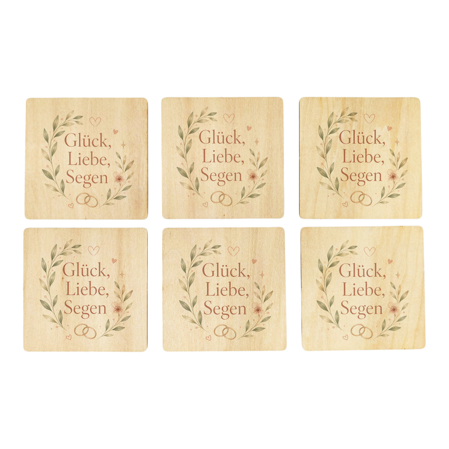 6er Set Untersetzer Holz Glück - Bierdeckel mit Hochzeitsmotiv