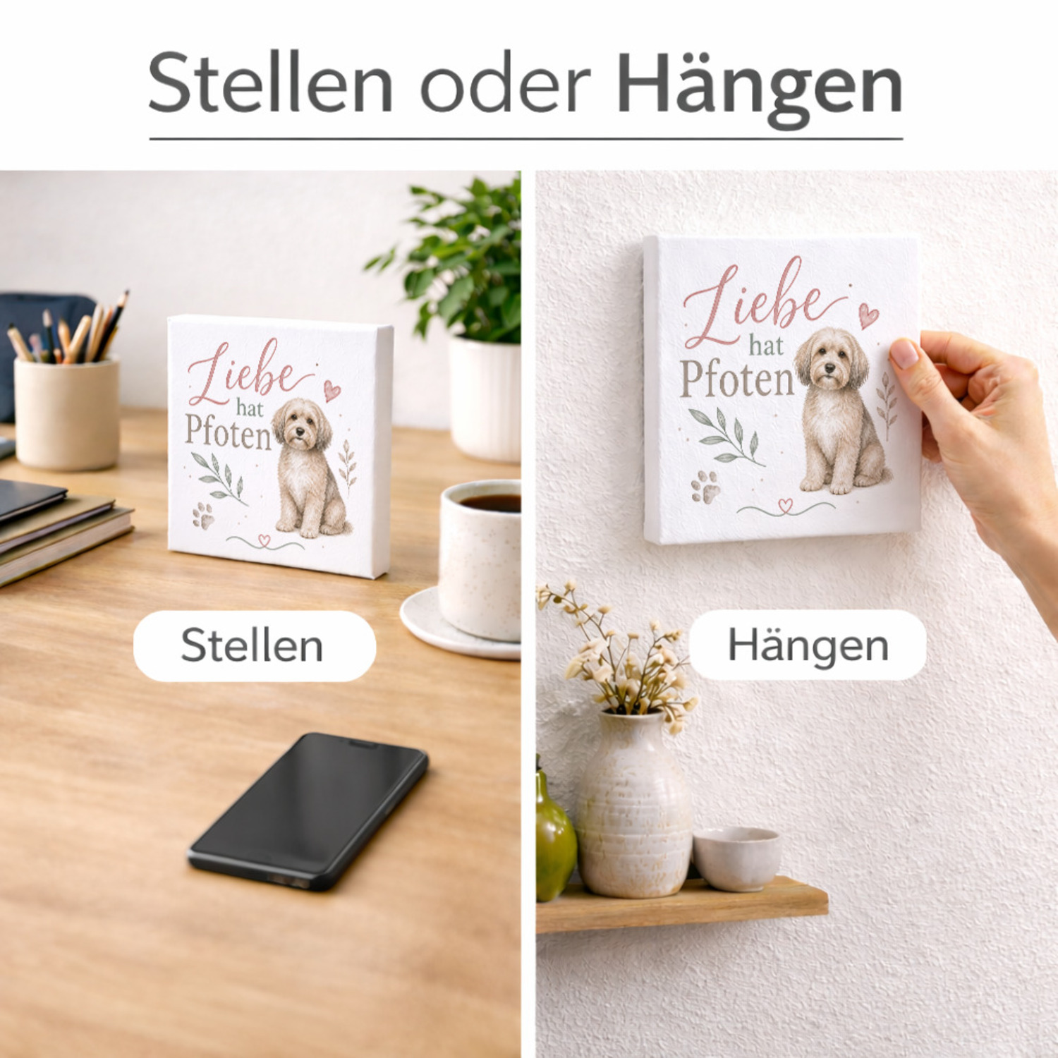 Holzbild in 10x10 cm Liebe hat Pfoten - Tierliebe Deko mit Hund – Ansicht 2
