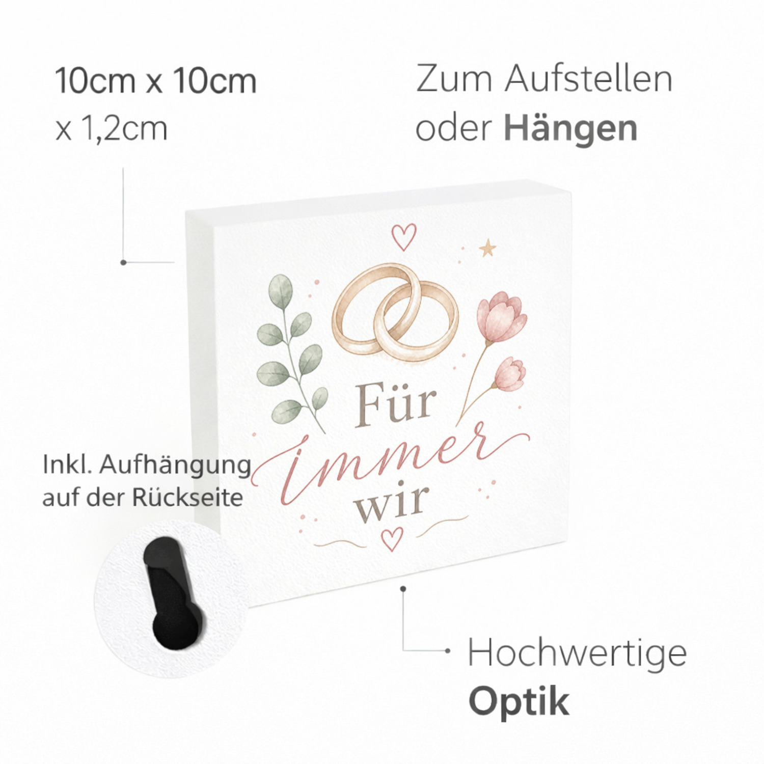 Holzbild in 10x10 cm Für immer wir - Holzdeko mit Ringmotiv – Ansicht 4