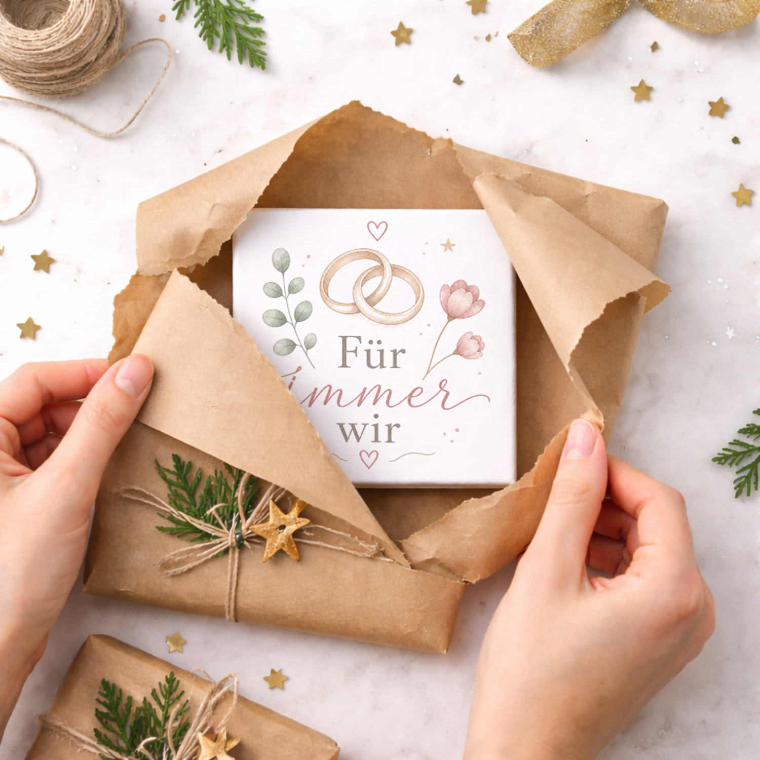 Holzbild in 10x10 cm Für immer wir - Holzdeko mit Ringmotiv – Ansicht 5