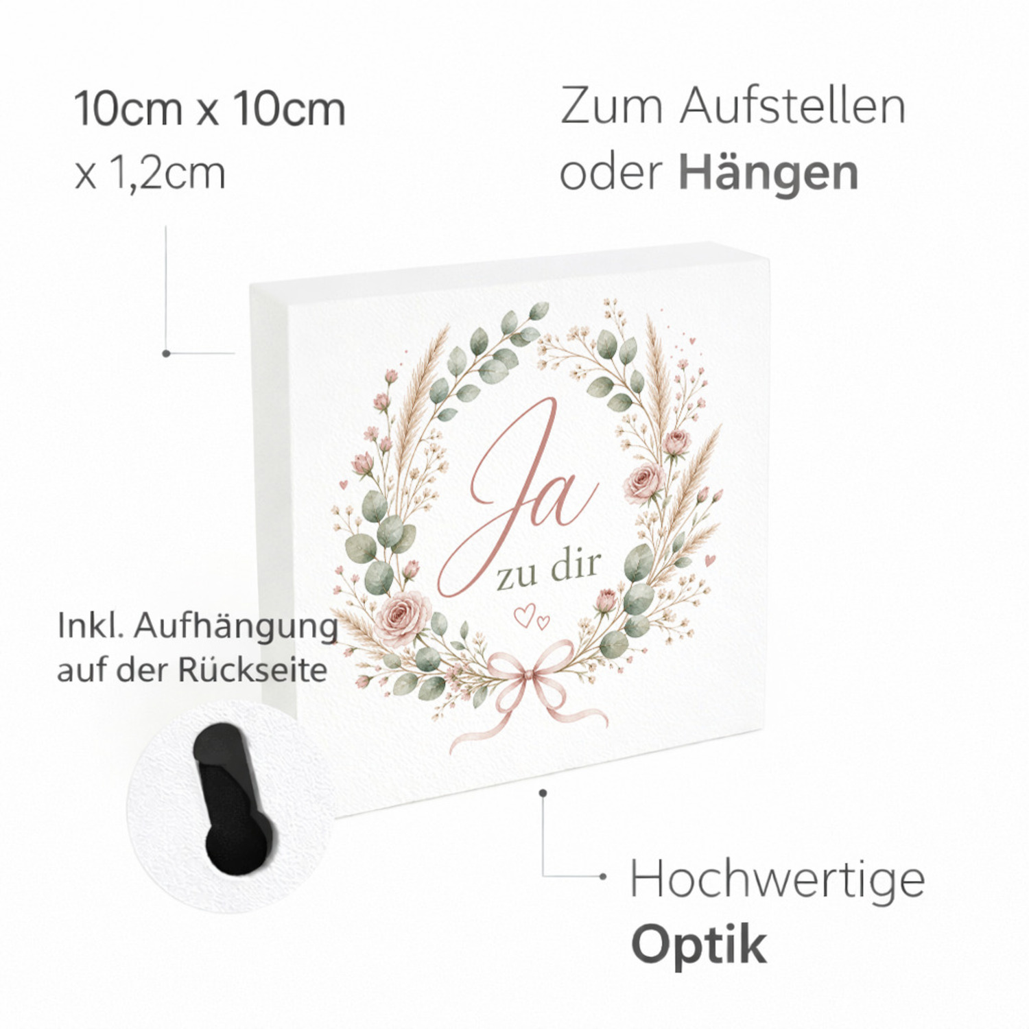 Holzbild in 10x10 cm Ja zu dir - Rosen und Eukalyptus im Kranz – Ansicht 4