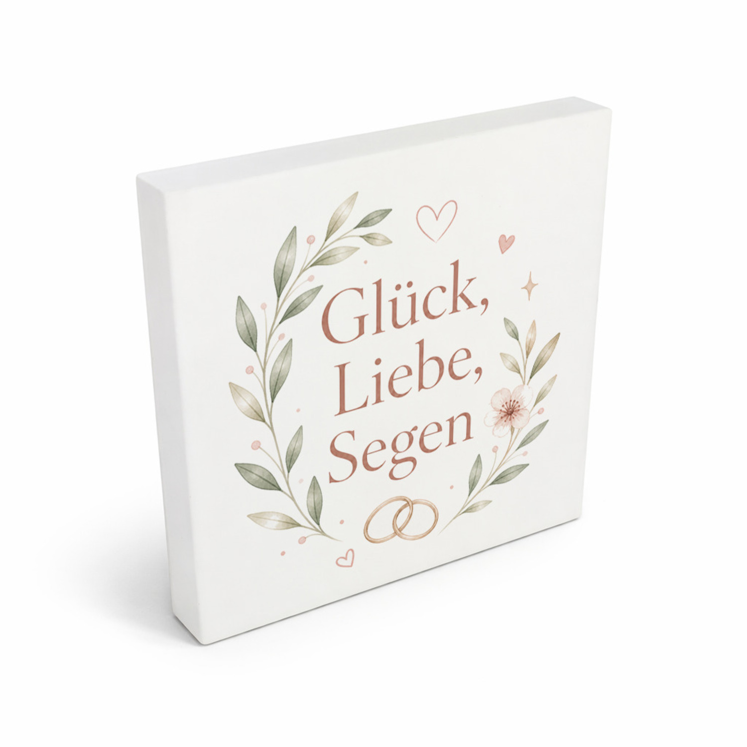 Holzbild in 10x10 cm Glück - Blumen Herzen und Ringen Holzdeko