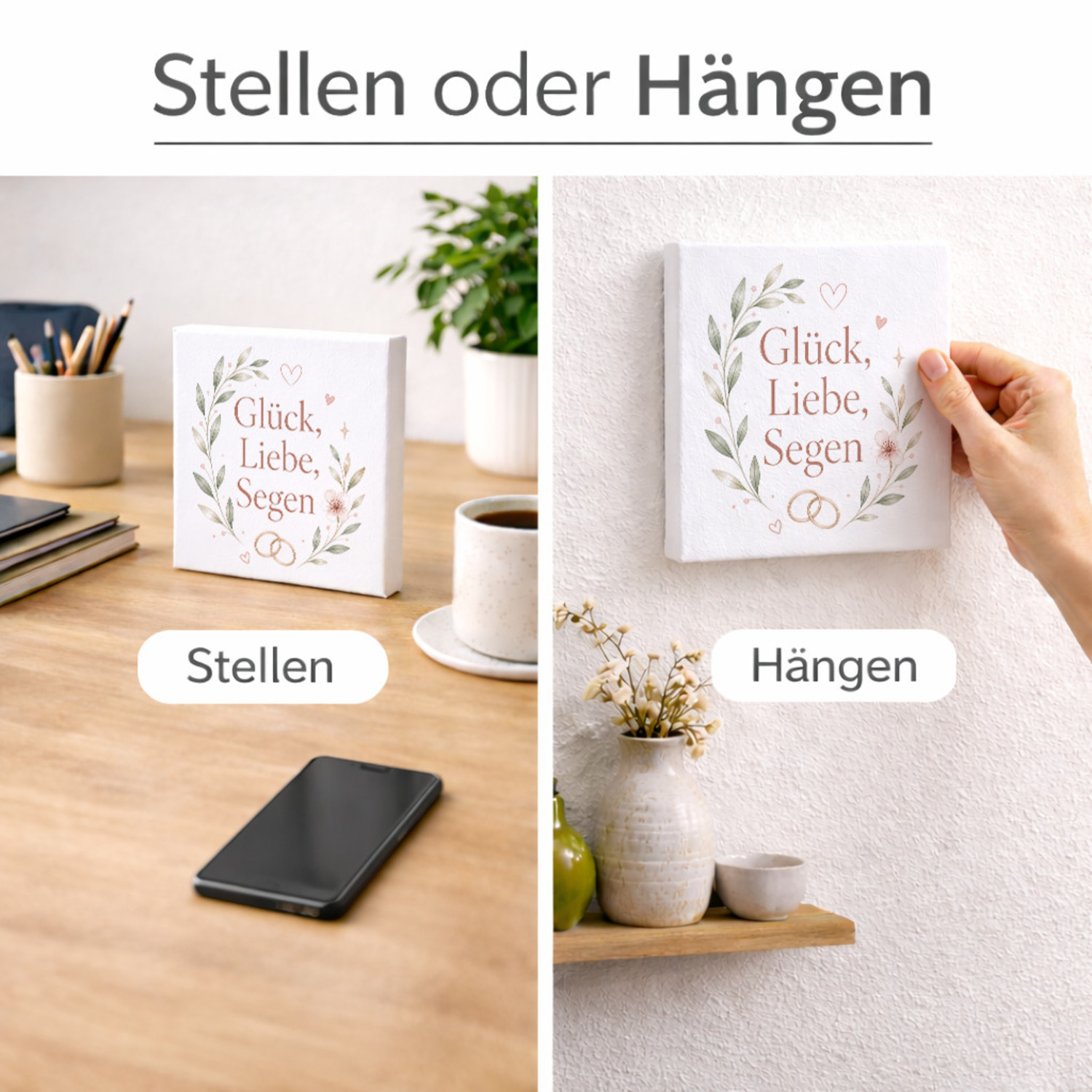 Holzbild in 10x10 cm Glück - Blumen Herzen und Ringen Holzdeko – Ansicht 2