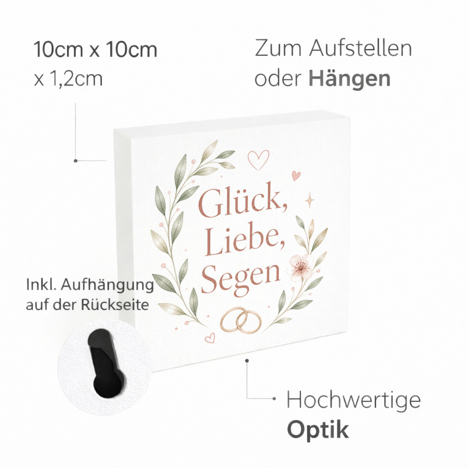 Holzbild in 10x10 cm Glück - Blumen Herzen und Ringen Holzdeko – Ansicht 4