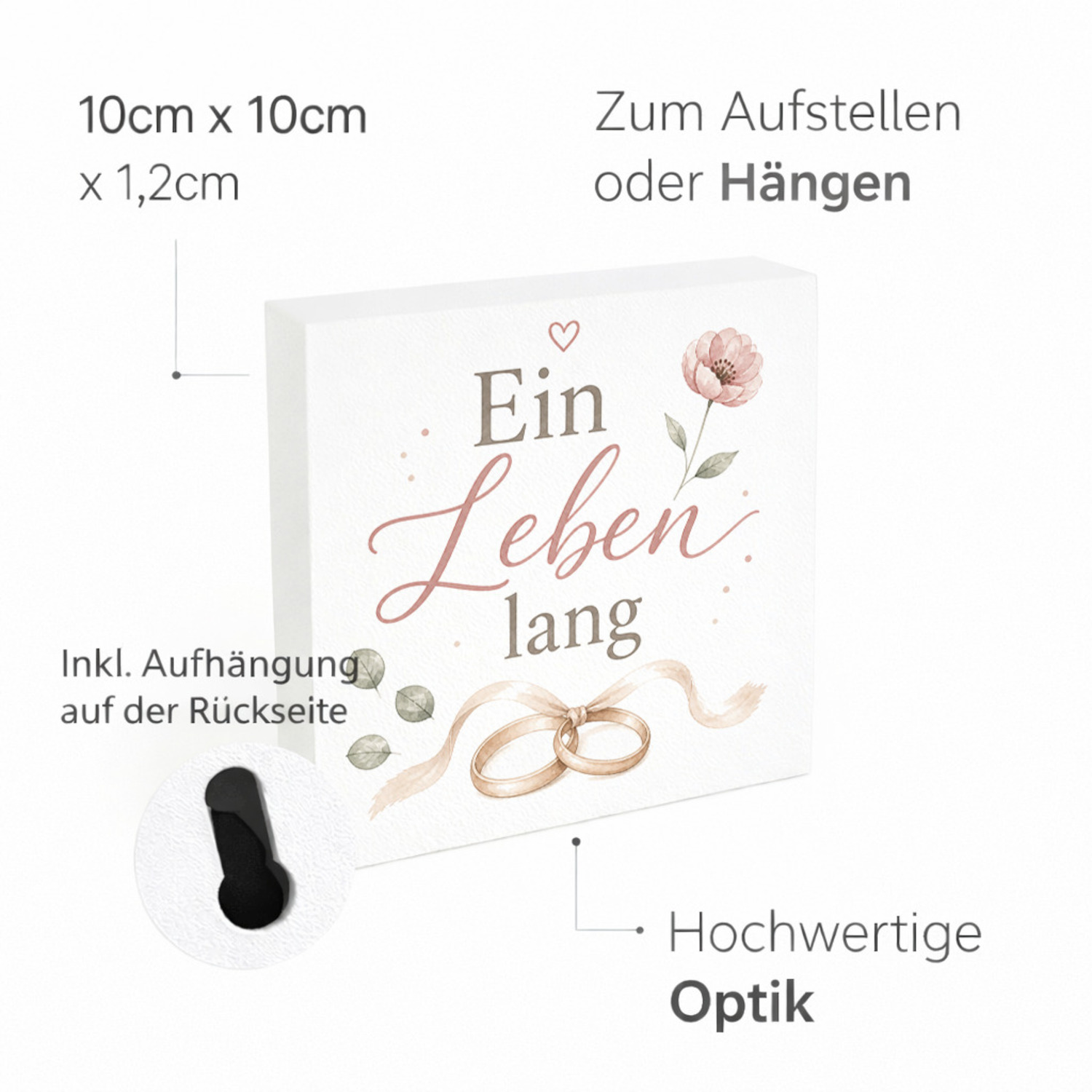 Holzbild in 10x10 cm Ein Leben lang - zartes Motiv mit Ringen – Ansicht 4