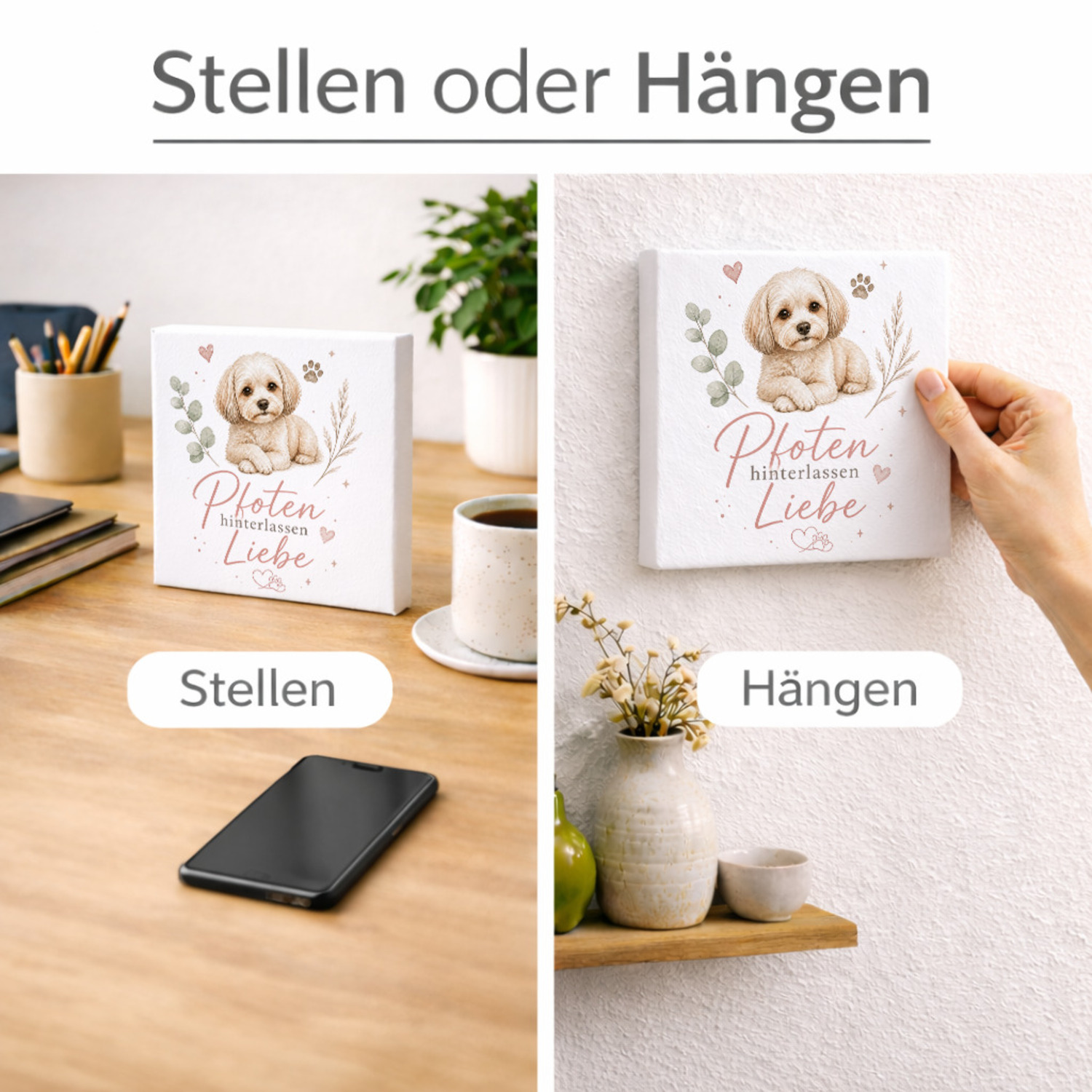 Holzbild in 15x15 cm Pfoten hinterlassen Liebe - Hundespruch – Ansicht 2
