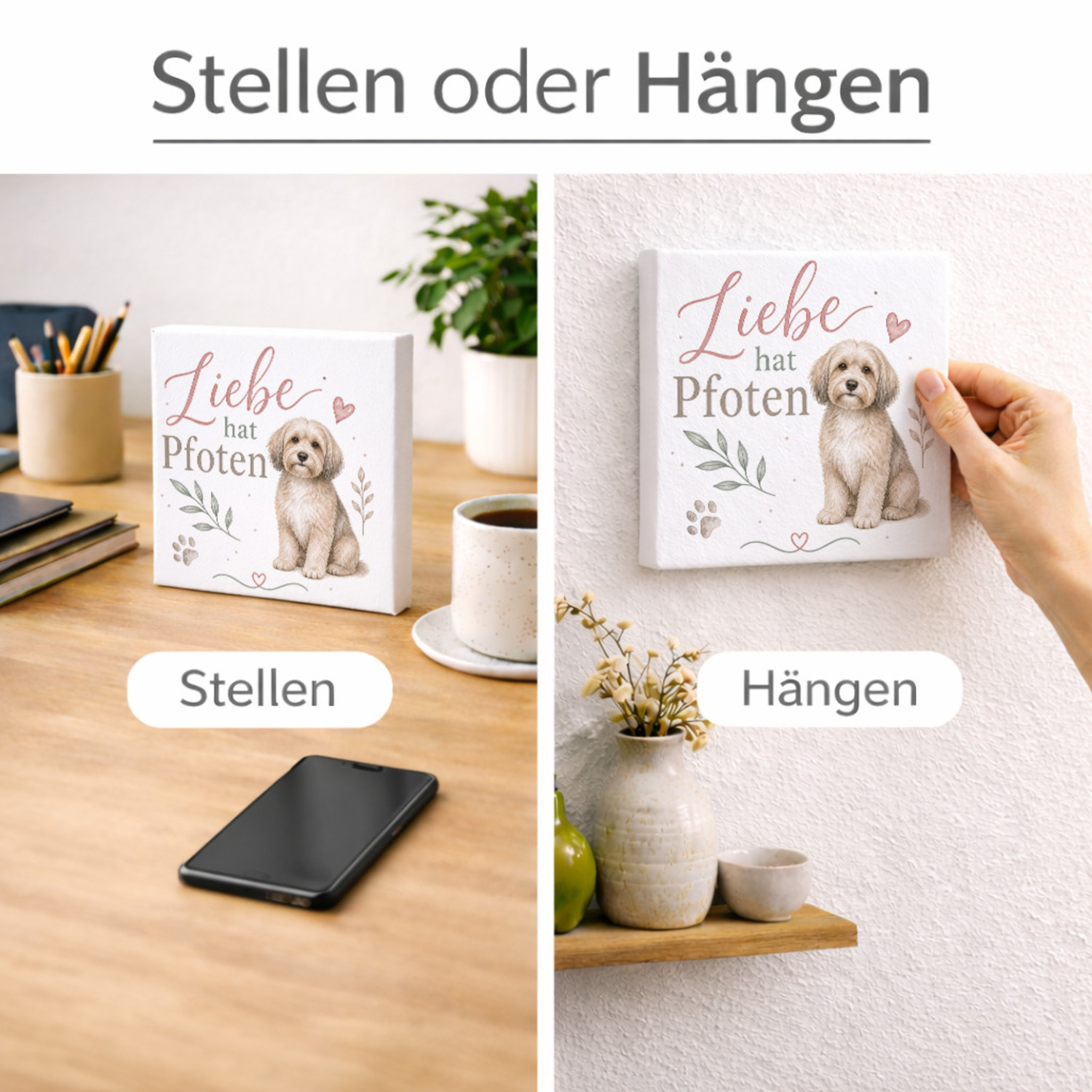 Holzbild in 15x15 cm Liebe hat Pfoten - Holzdeko mit Hundespruch – Ansicht 2