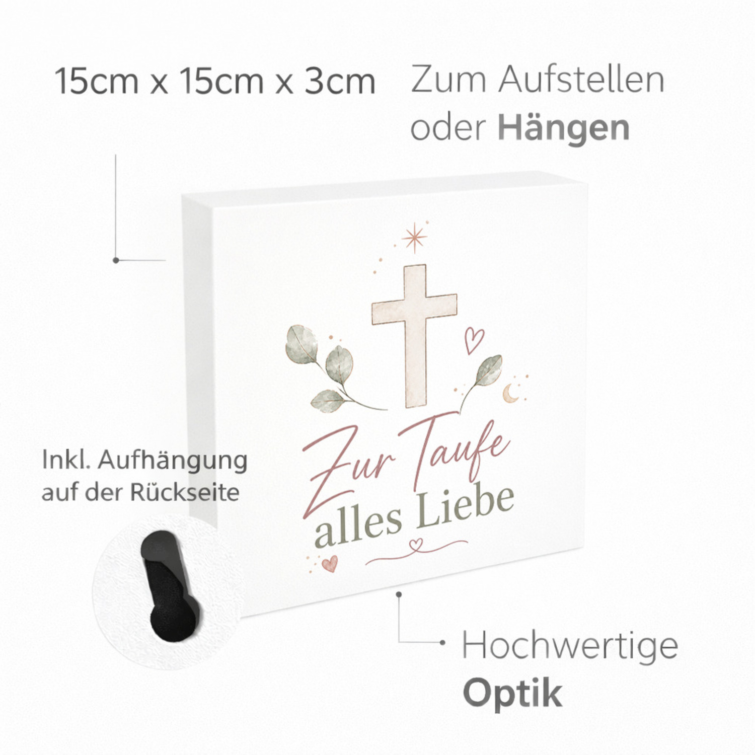 Holzbild in 15x15 cm Zur Taufe alles Liebe - Kreuz Holzdeko – Ansicht 4