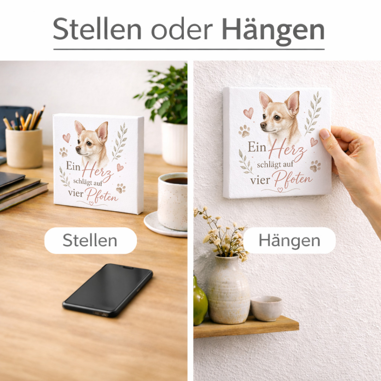 Holzbild in 15x15 cm Ein Herz schlägt auf vier Pfoten Holzdeko – Ansicht 2