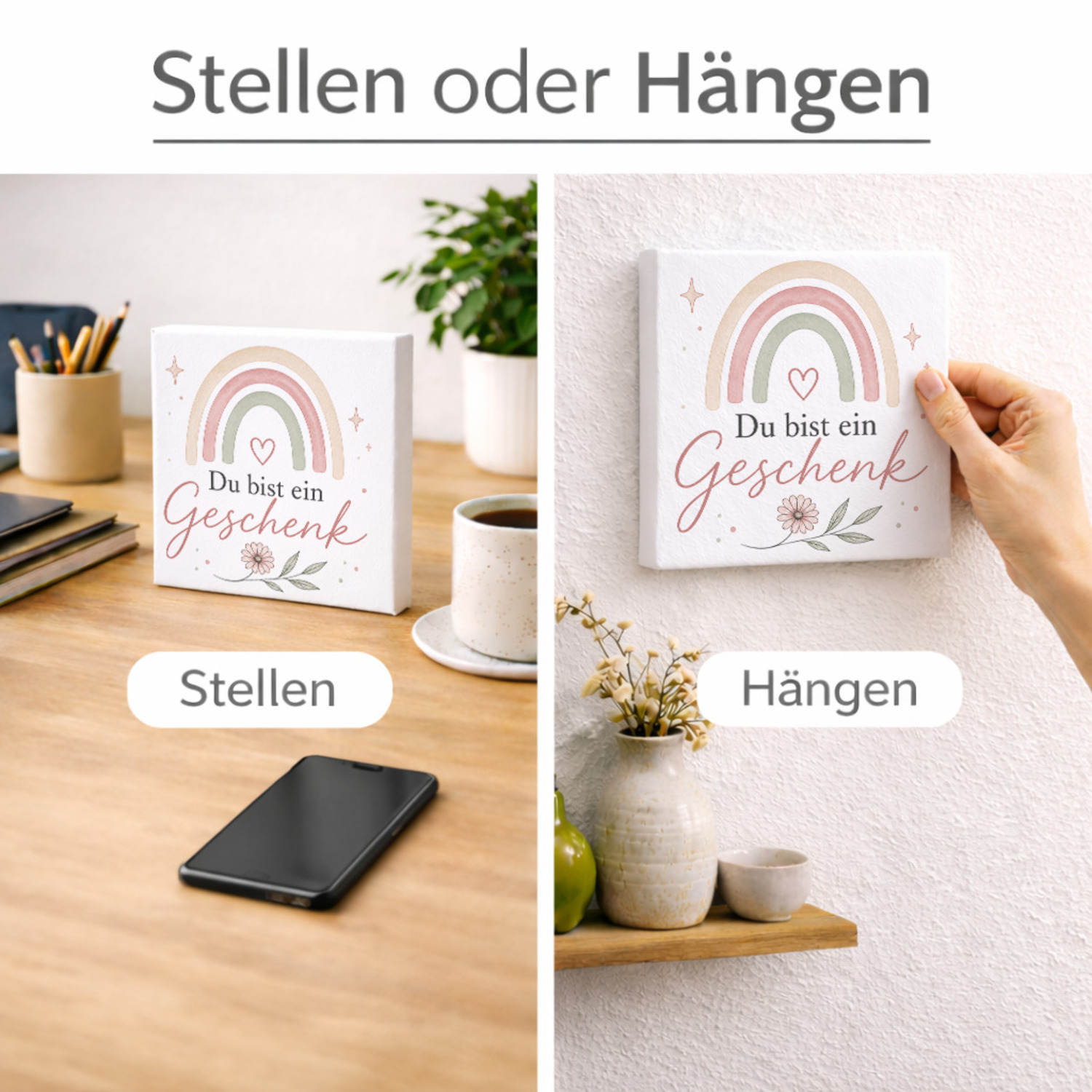 Holzbild in 15x15 cm Du bist ein Geschenk - zarte Wanddeko mit Herzmotiv – Ansicht 2