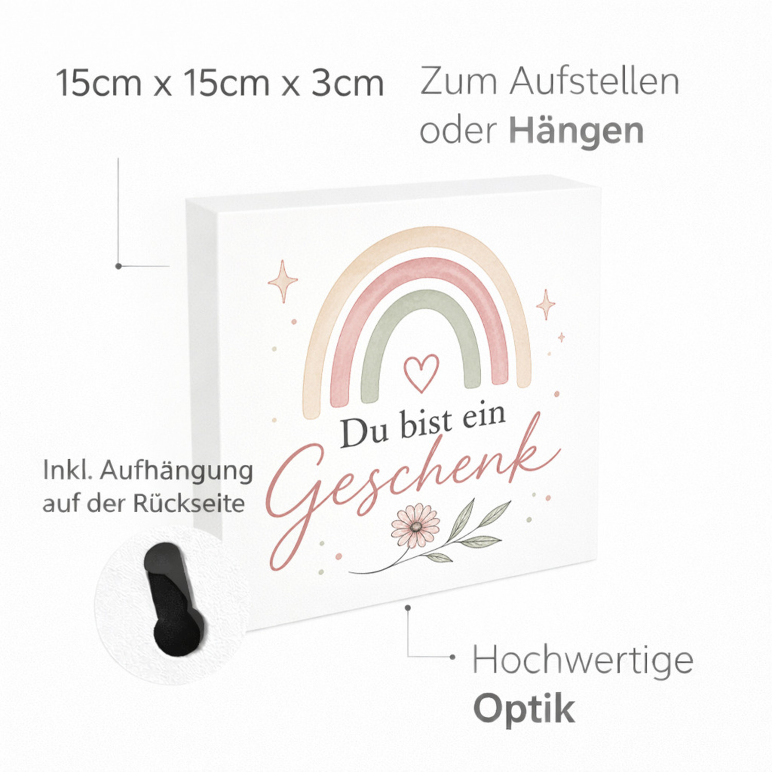 Holzbild in 15x15 cm Du bist ein Geschenk - zarte Wanddeko mit Herzmotiv – Ansicht 4