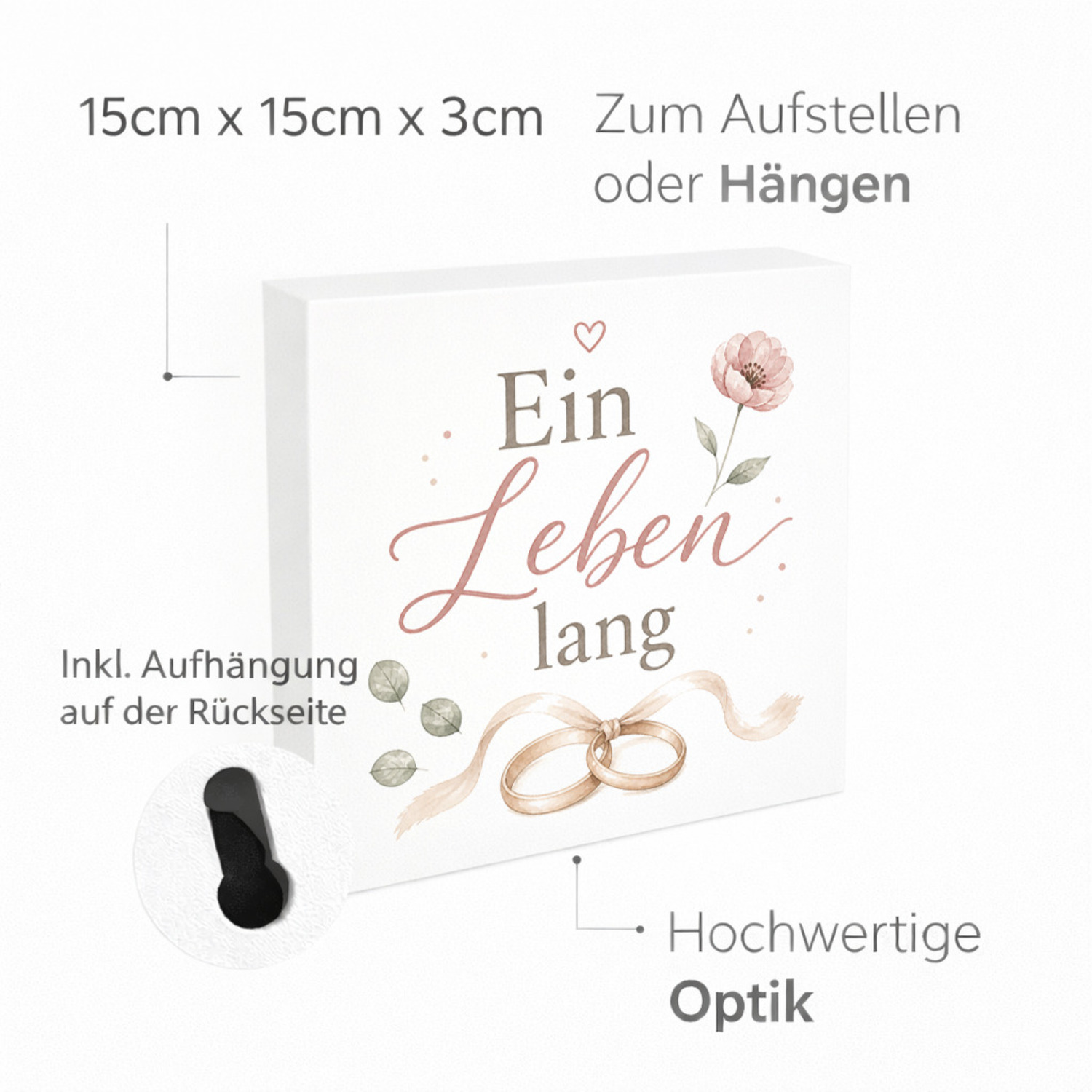 Holzbild in 15x15 cm Ein Leben lang - Holzdeko mit Eheringen – Ansicht 4