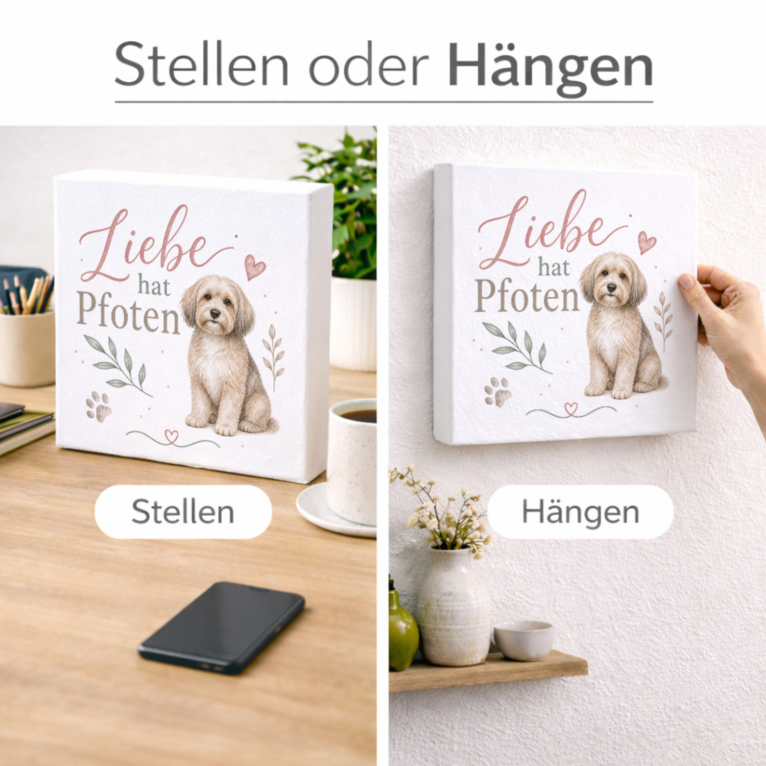 Holzbild in 20x20 cm Liebe hat Pfoten - Wanddeko für Hundefans – Ansicht 2