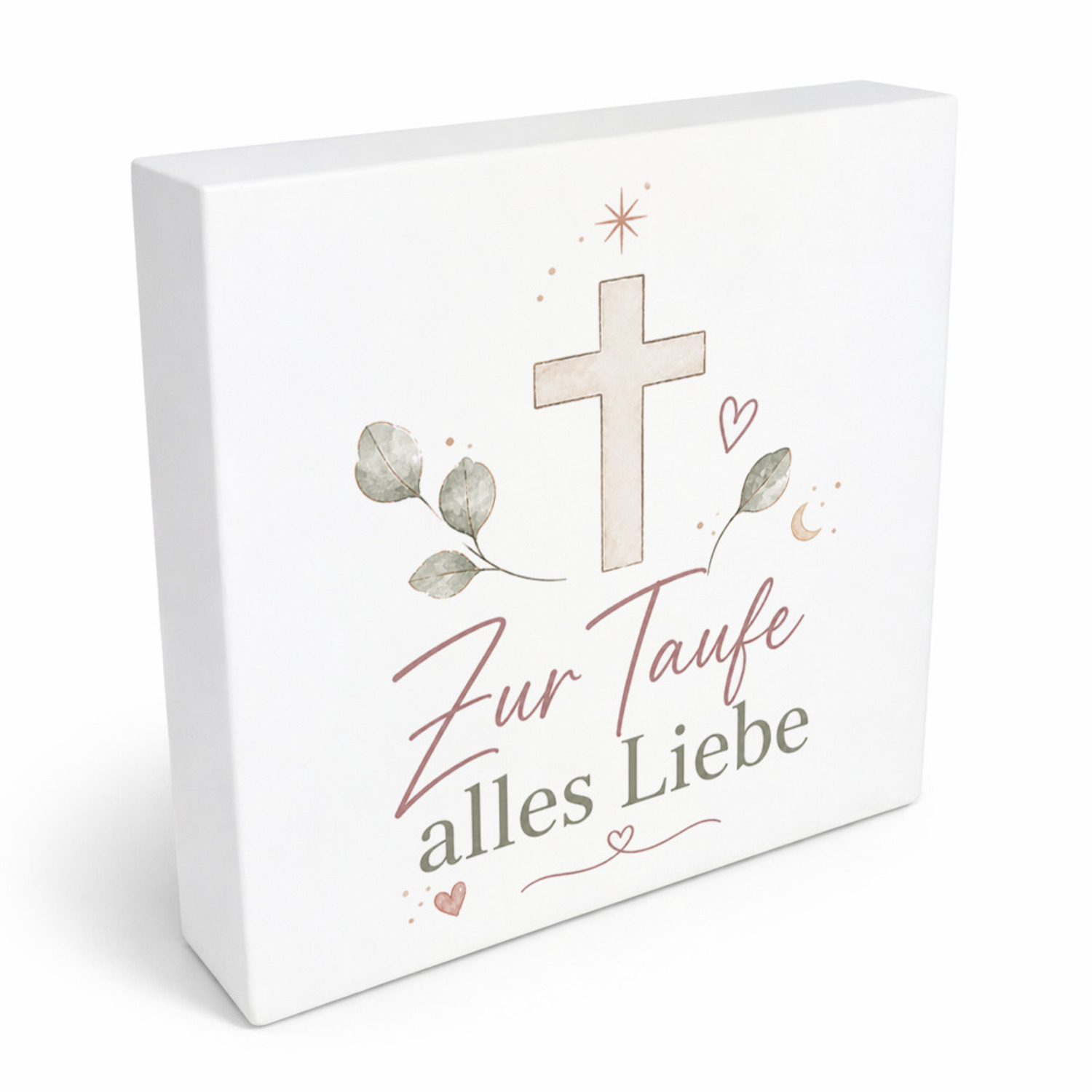 Holzbild in 20x20 cm Zur Taufe alles Liebe - Herz Mond und Stern