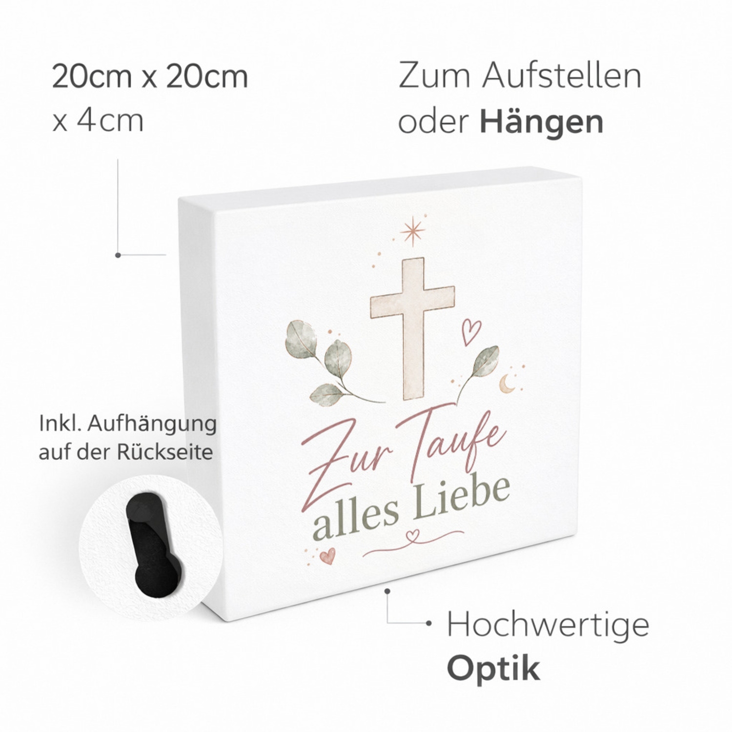 Holzbild in 20x20 cm Zur Taufe alles Liebe - Herz Mond und Stern – Ansicht 4