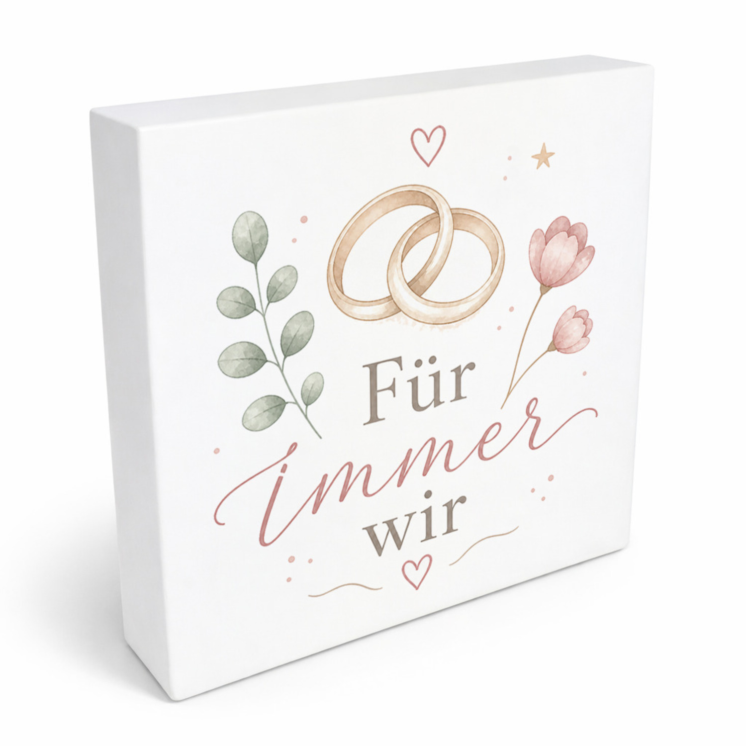 Holzbild in 20x20 cm Für immer wir - Herz und Paarringen