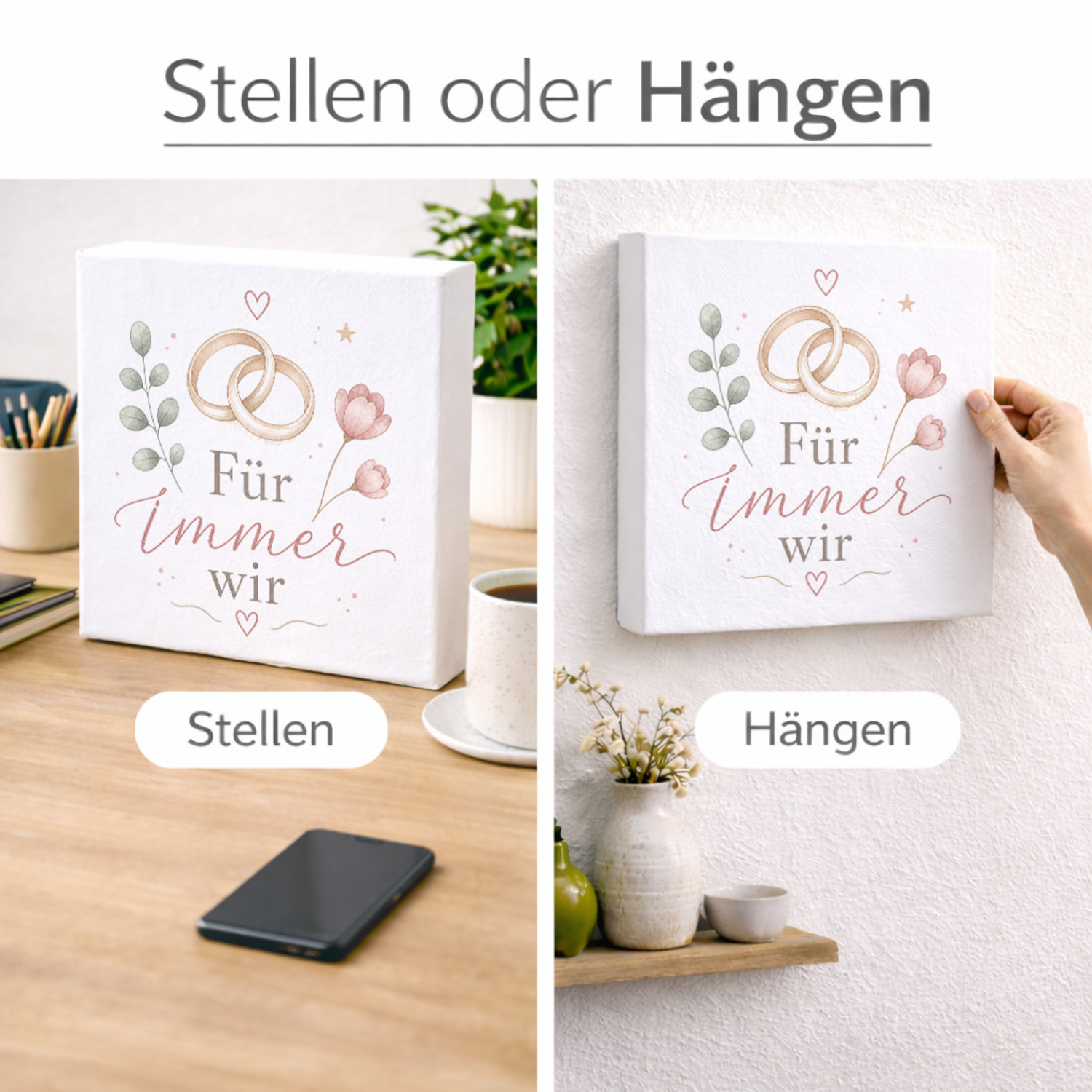 Holzbild in 20x20 cm Für immer wir - Herz und Paarringen – Ansicht 2