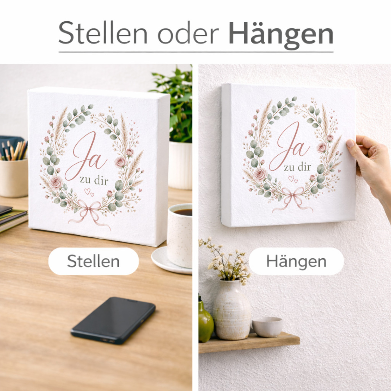 Holzbild in 20x20 cm Ja zu dir - dekorativer Kranz mit Herzen – Ansicht 2