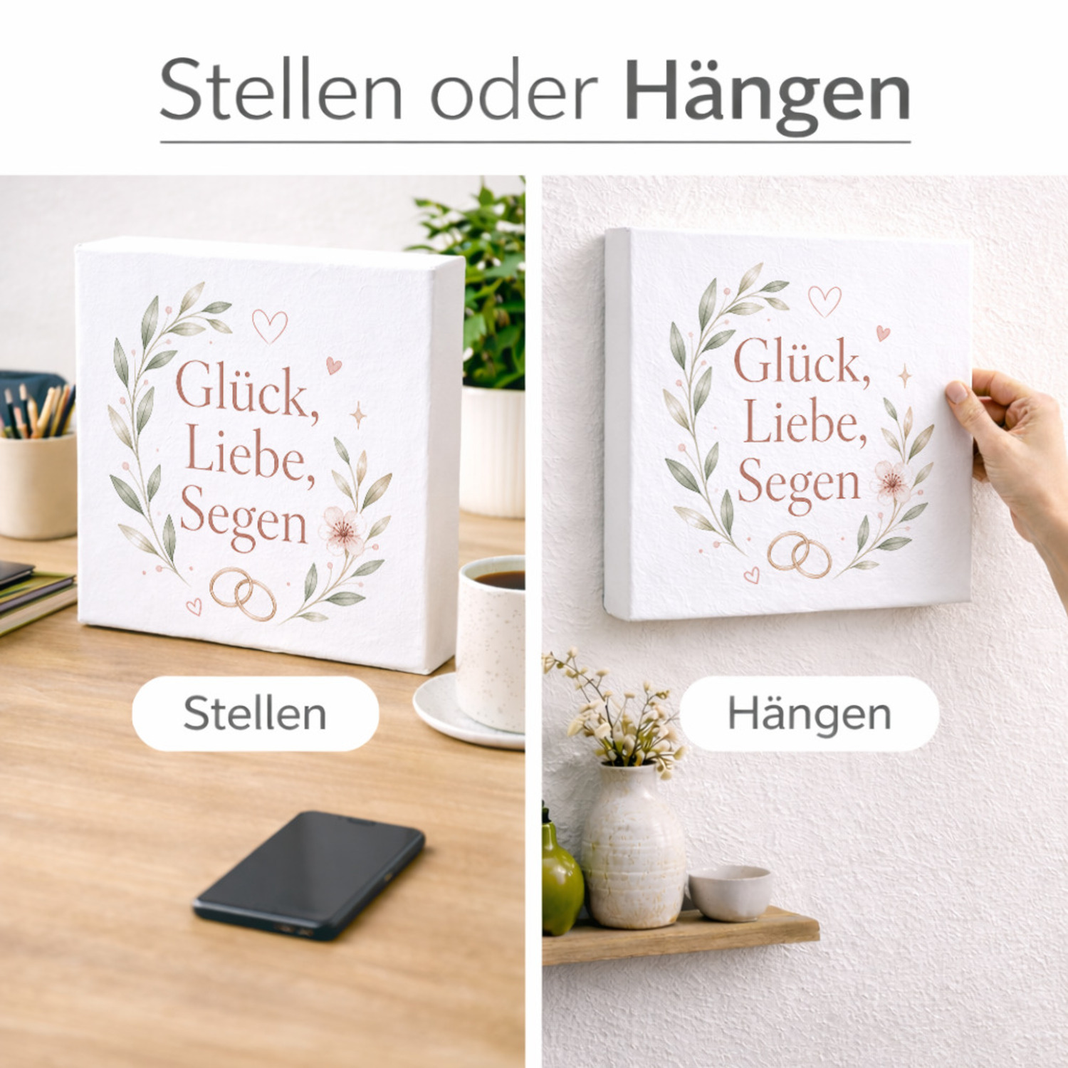 Holzbild in 20x20 cm Glück - Holzdeko mit zarten Blumen – Ansicht 2