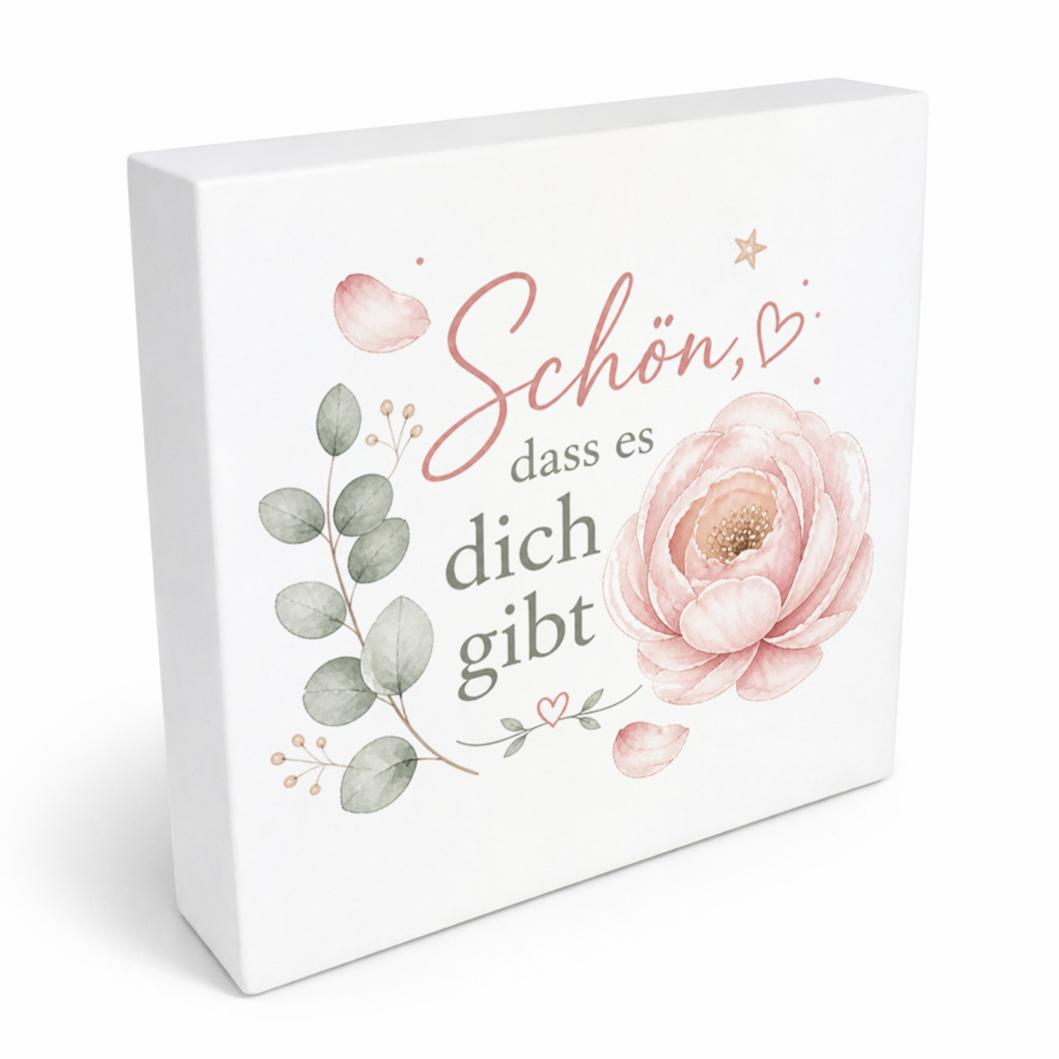 Holzbild in 20x20 cm Schön - Schriftzug und Blütenmotiv