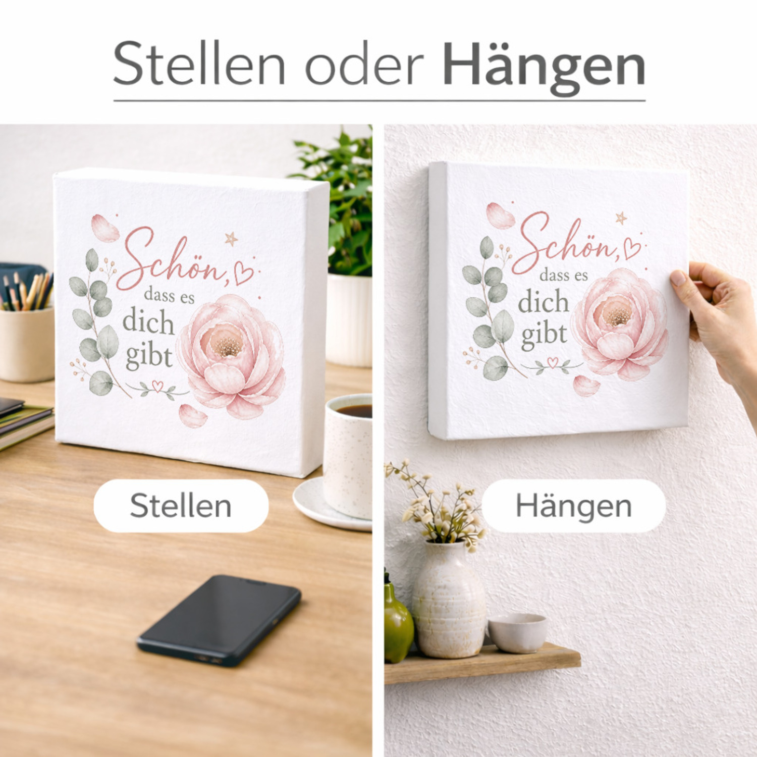 Holzbild in 20x20 cm Schön - Schriftzug und Blütenmotiv – Ansicht 2