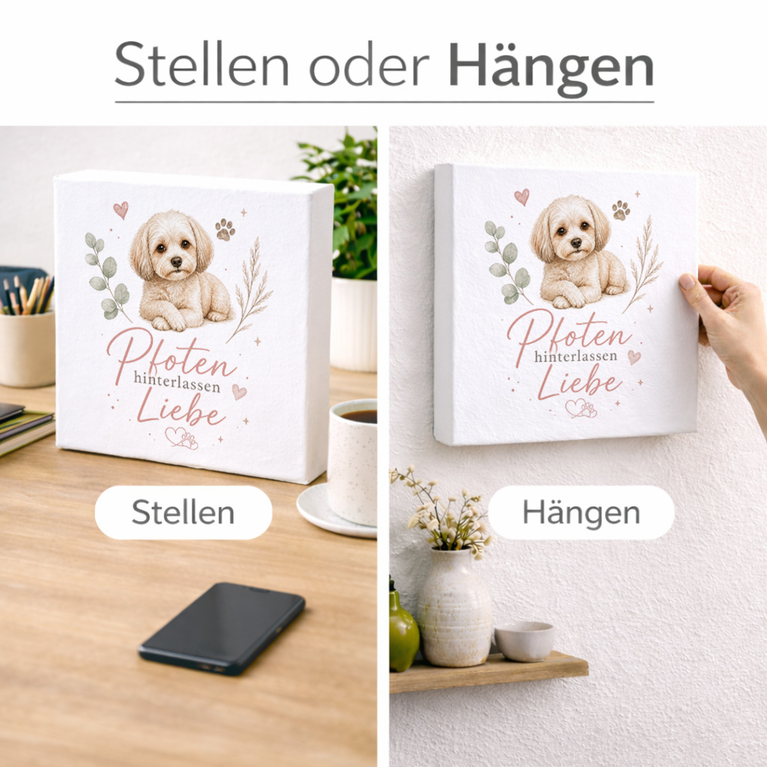 Holzbild in 20x20 cm Pfoten hinterlassen Liebe - Hundespruch – Ansicht 2