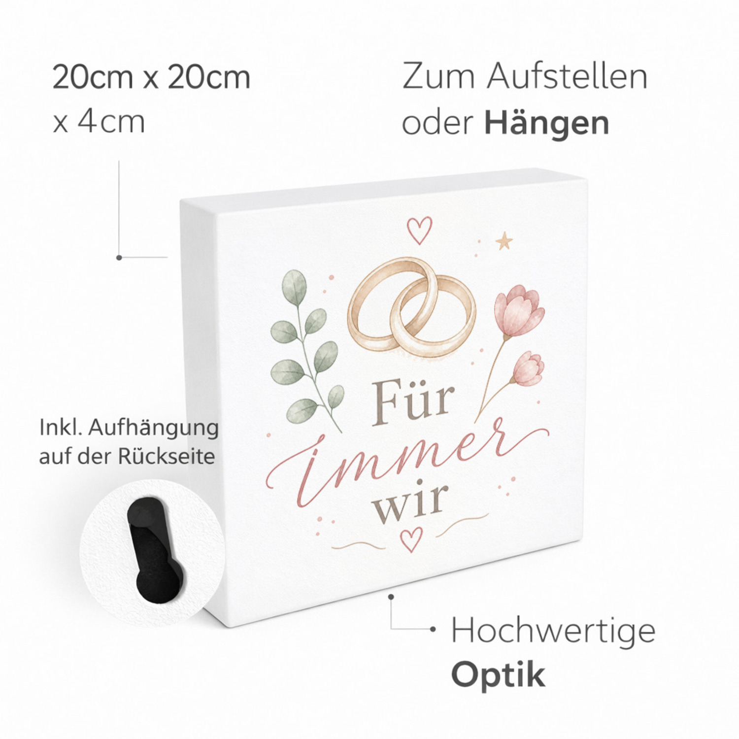 Holzbild in 20x20 cm Für immer wir - Herz und Paarringen – Ansicht 4