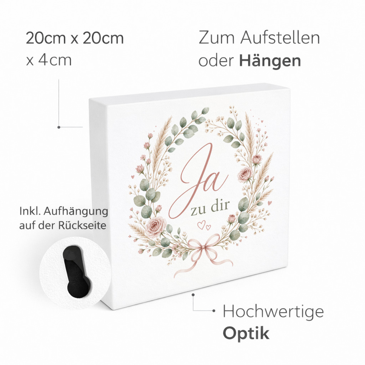 Holzbild in 20x20 cm Ja zu dir - dekorativer Kranz mit Herzen – Ansicht 4