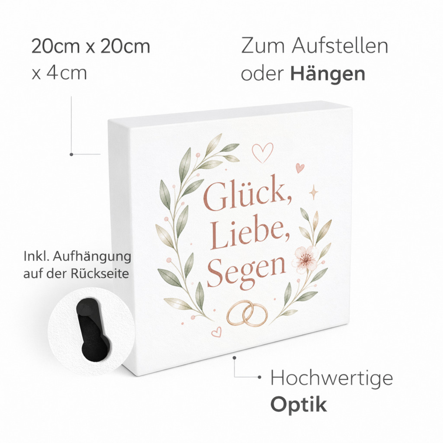 Holzbild in 20x20 cm Glück - Holzdeko mit zarten Blumen – Ansicht 4