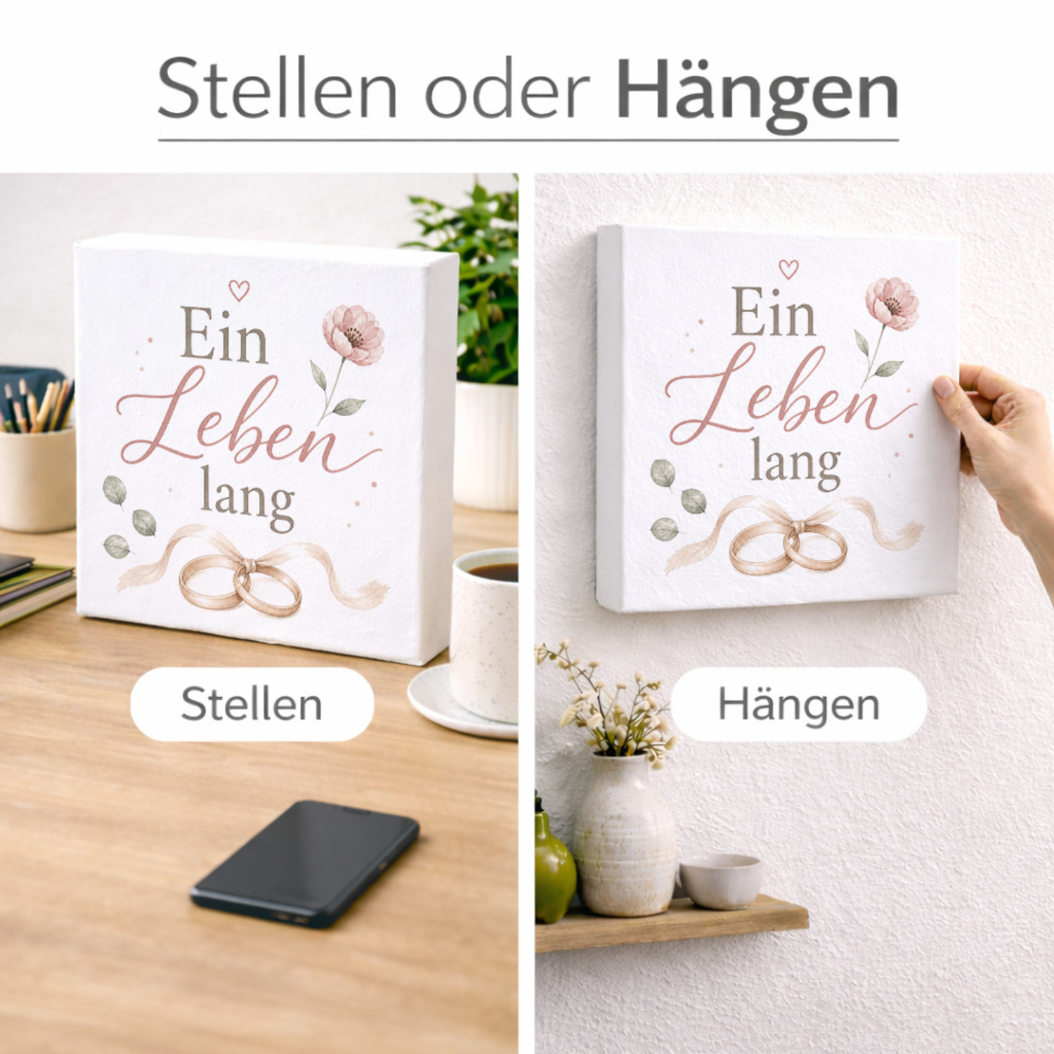 Holzbild in 20x20 cm Ein Leben lang - Wanddeko Holz zur Trauung – Ansicht 2