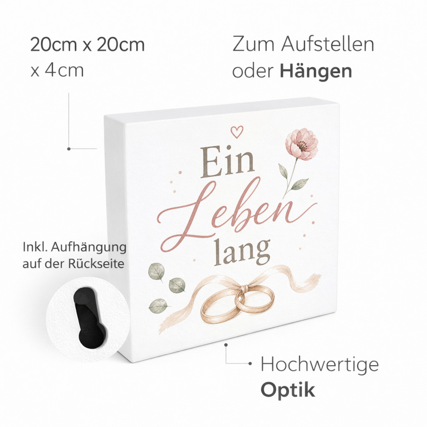Holzbild in 20x20 cm Ein Leben lang - Wanddeko Holz zur Trauung – Ansicht 4