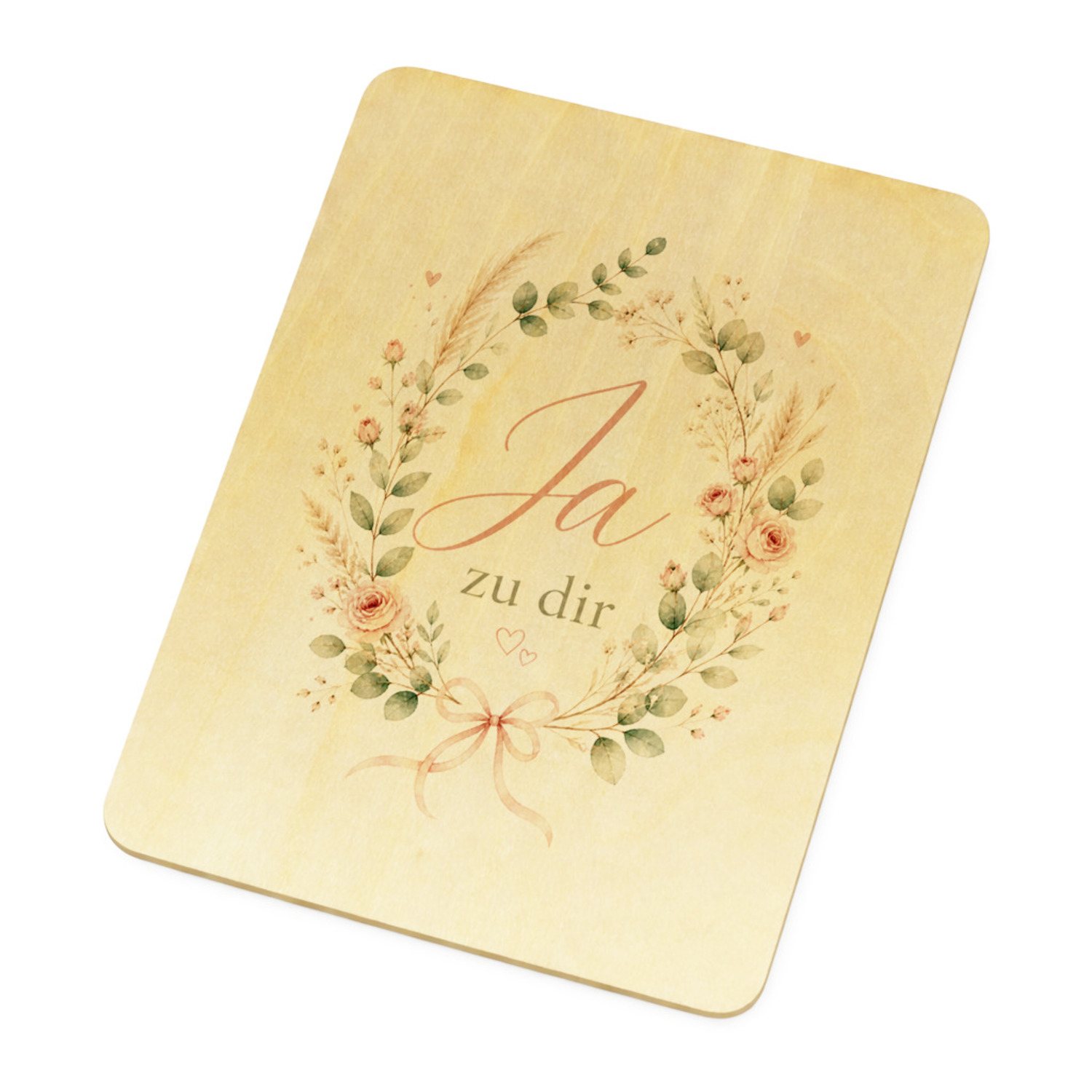 Postkarte Holz Ja zu dir - Holzpostkarte mit Blumenkranz