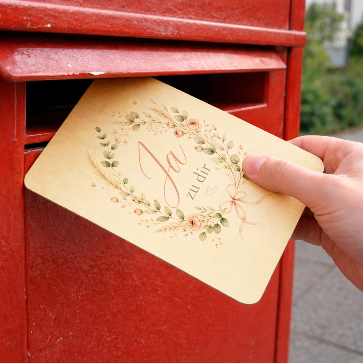 Postkarte Holz Ja zu dir - Holzpostkarte mit Blumenkranz – Ansicht 3