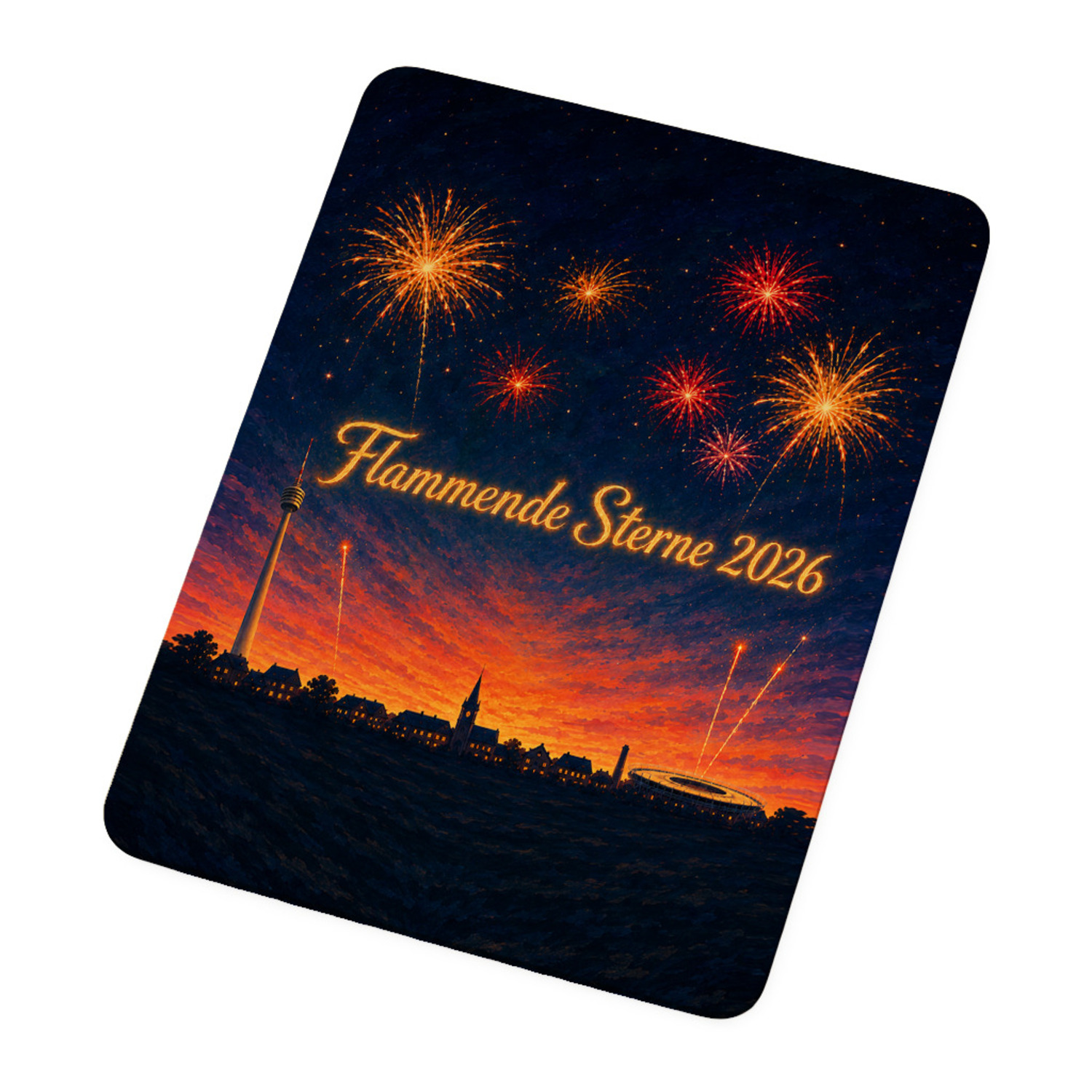 Skyline Flammende Sterne Holzpostkarte