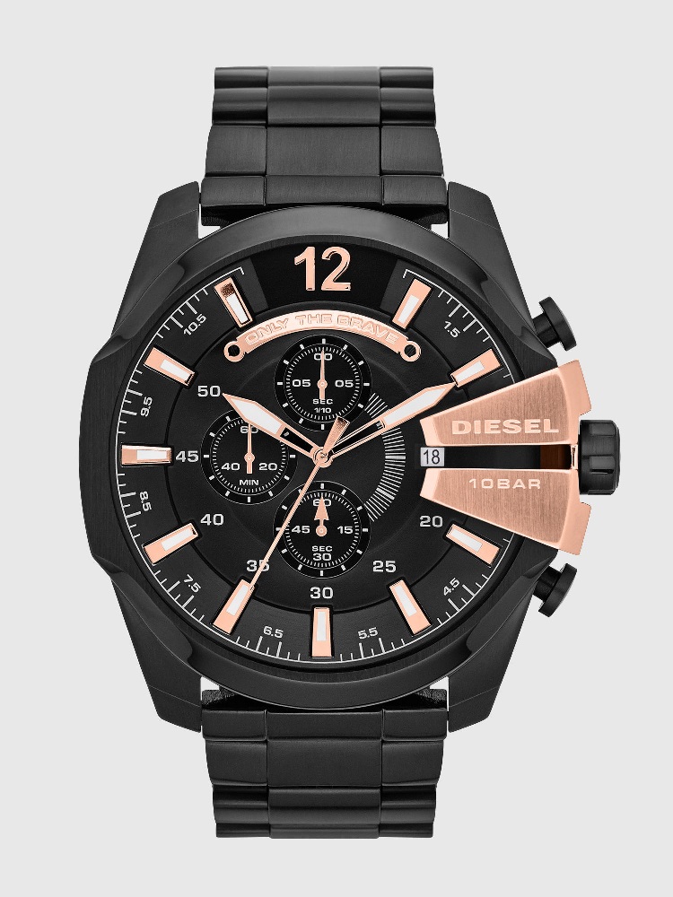 Diesel Reloj en acero Negro y detalles en tono oro rosa.