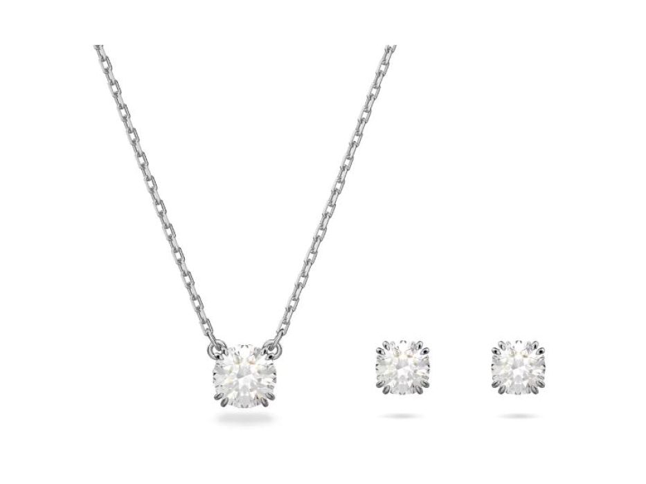 Swarovski Stilla Conjunto, collar y pendientes de corte redondo, blanco, baño de rodio