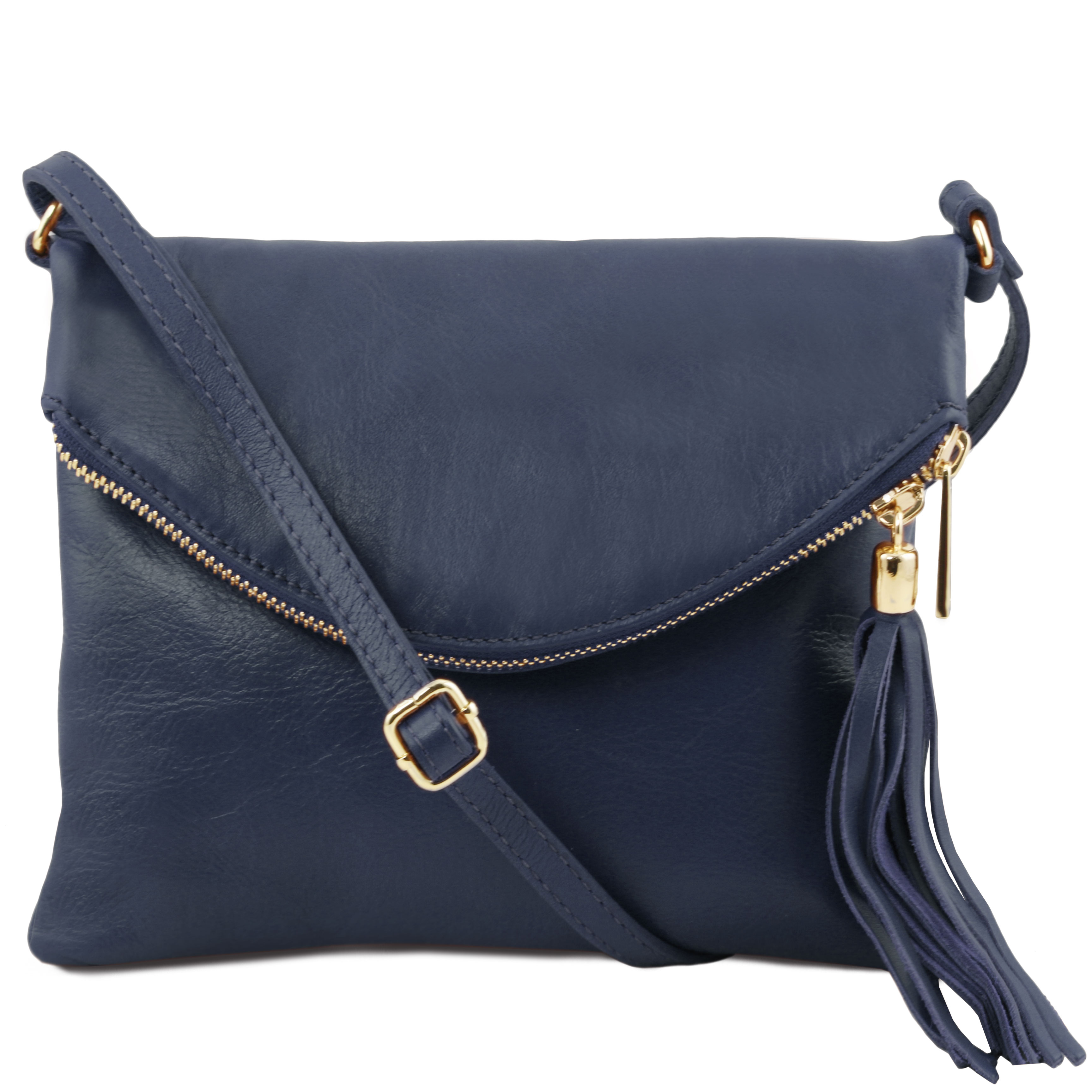 Bolso de Hombro Toscana de Piel con Borla - Azul Oscuro