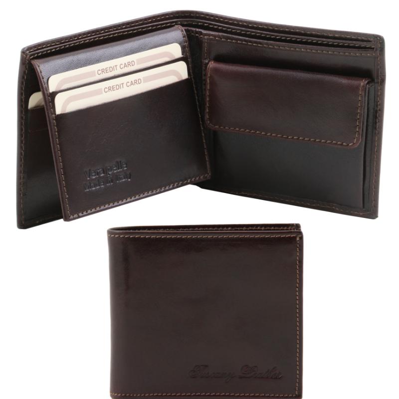 Tuscany Leather Cartera de piel de 3 pliegues con monedero marrón oscuro