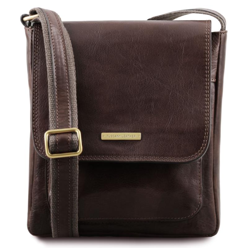 Tuscany Leather Jimmy - Bolso bandolera de piel para hombre con bolsillo frontal - Marrón Oscuro