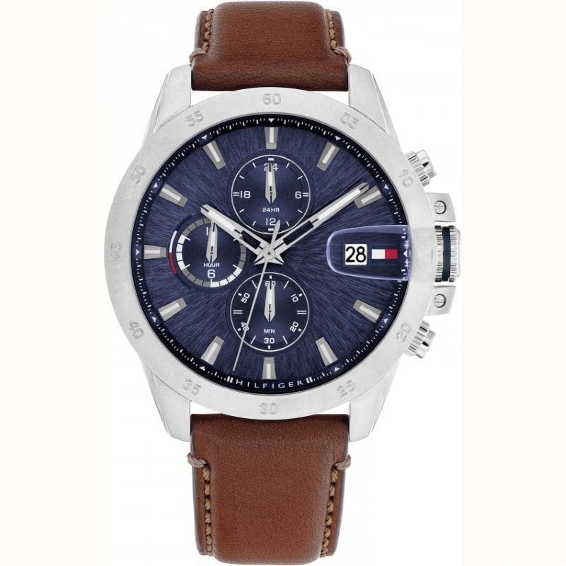 Tommy Hilfiger Jameson Reloj para hombre con esfera azul y correa de cuero marrón