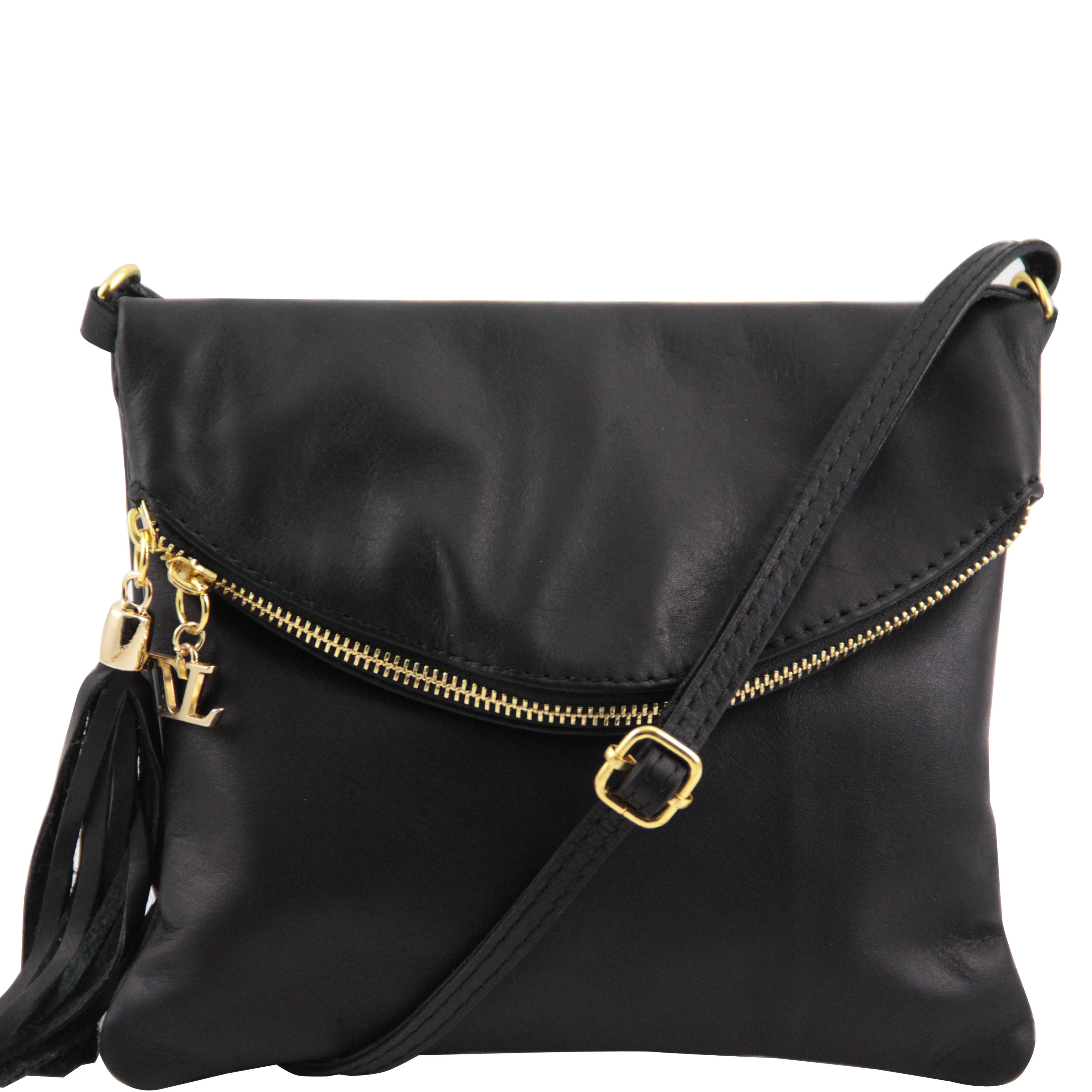 Bolso Bandolera Toscana de Piel con Borla - Negro