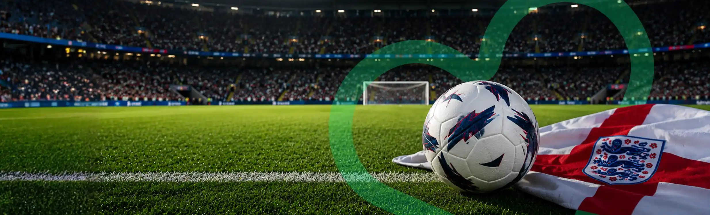 Football on a stadium pitch with an England flag and soccer ball, representing England’s FIFA World Cup 2026 schedule