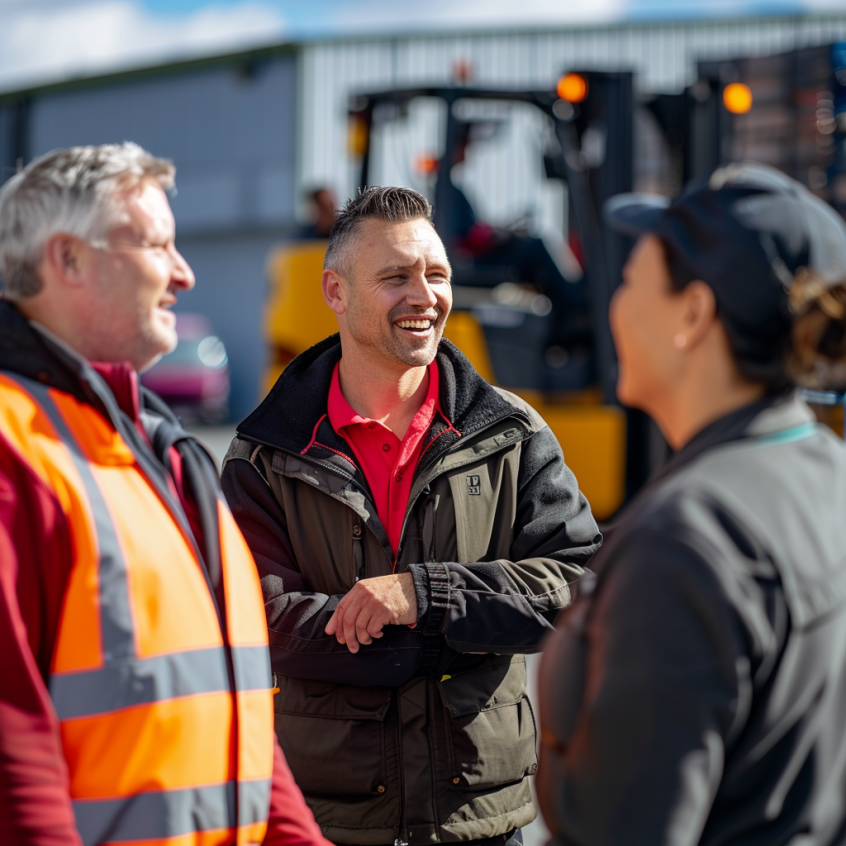 Groep van drie deelnemers tijdens een heftrucktraining bij Heftruckconcurrent, die samen praktische tips en tricks bespreken om succesvol hun heftruckcertificaat te behalen.