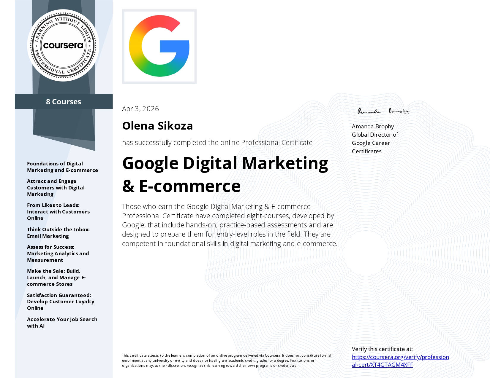 Olena Sikoza's diploma