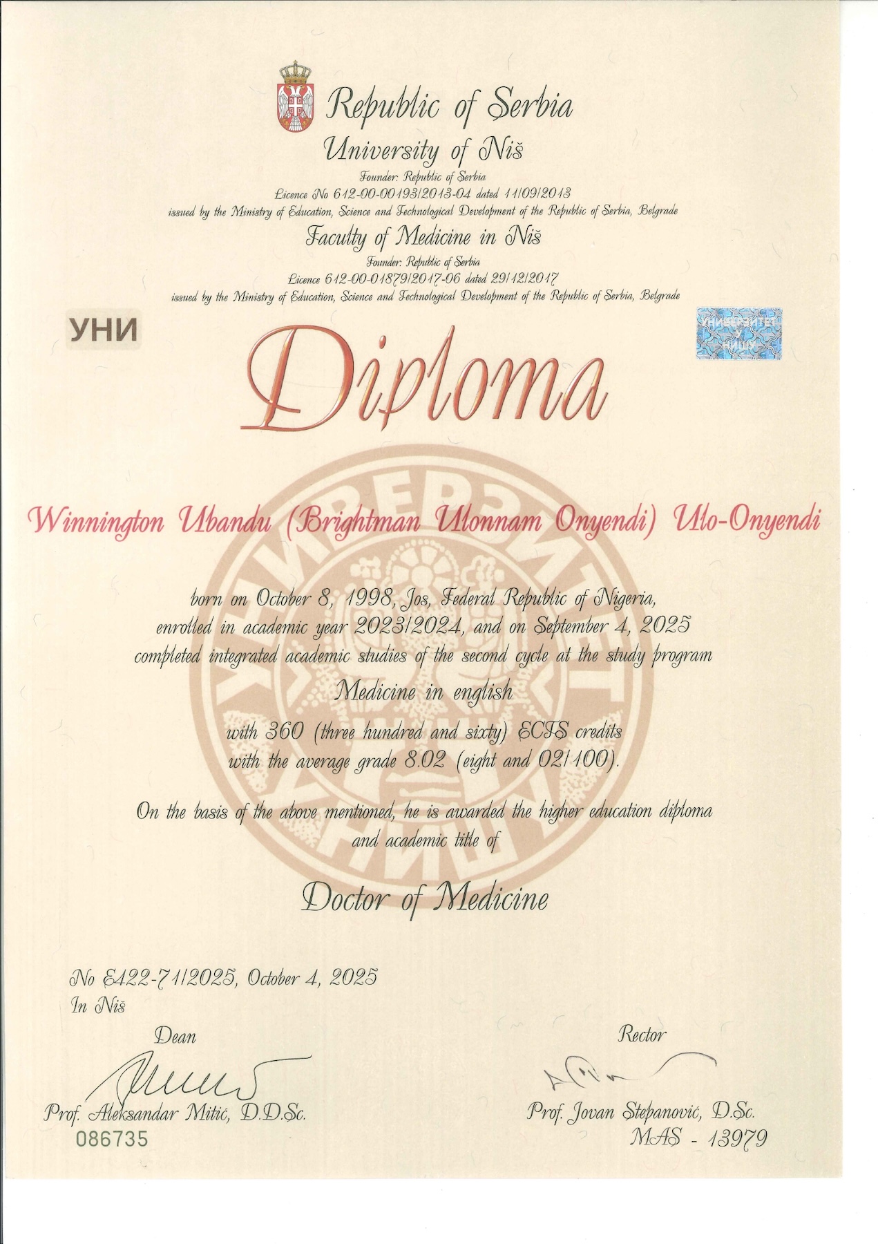Winnington Ulo-onyendi's diploma
