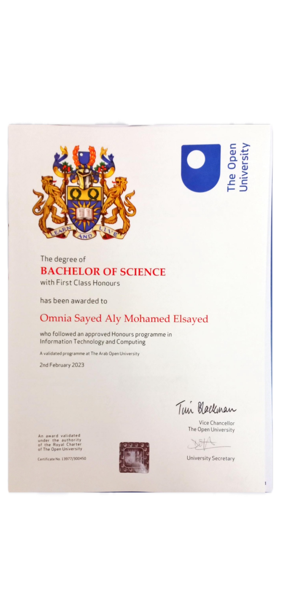 Omnia Ali's diploma