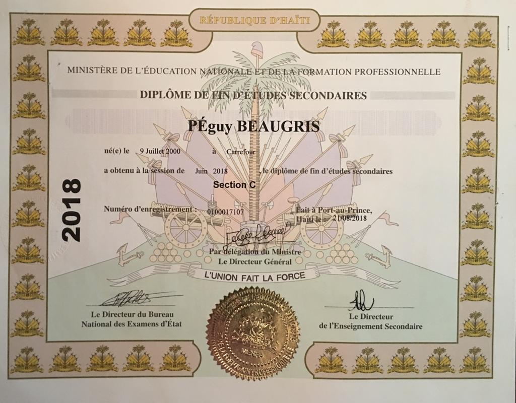 Peguy Beaugris's diploma