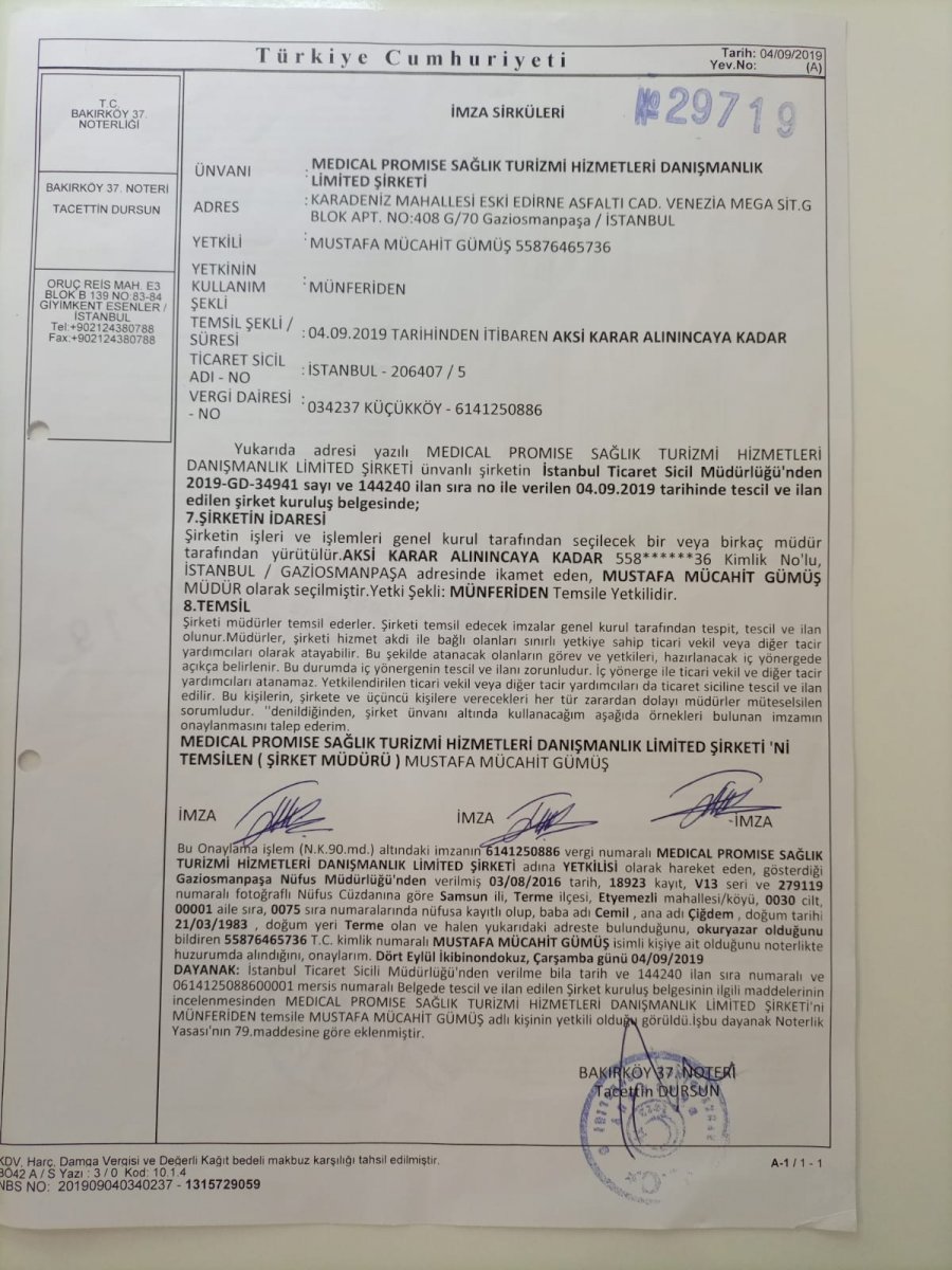 دائرة توقيع موثقة لشركة Medical Promise Sağlık Turizmi Hizmetleri، اسطنبول، 2019