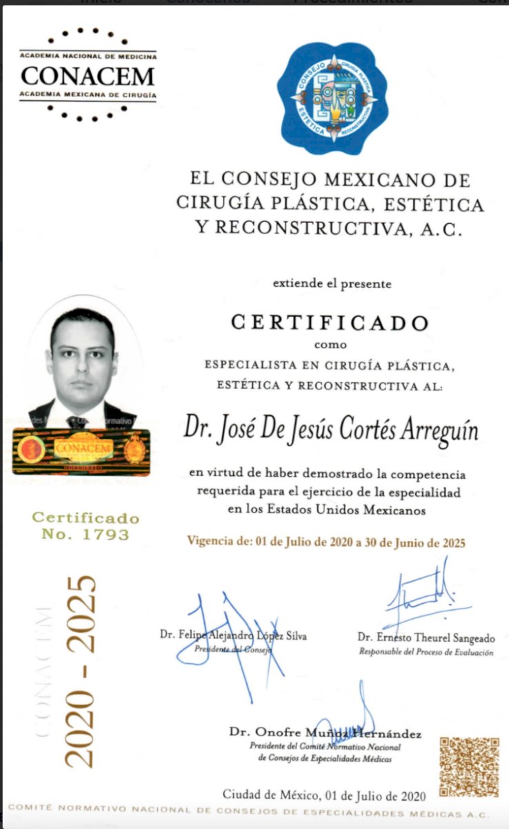 Plastic surgery specialist certificate for Dr. José De Jesús Cortés Arreguín, José Cortés Institute, CONACEM, Mexico, 2020-2025